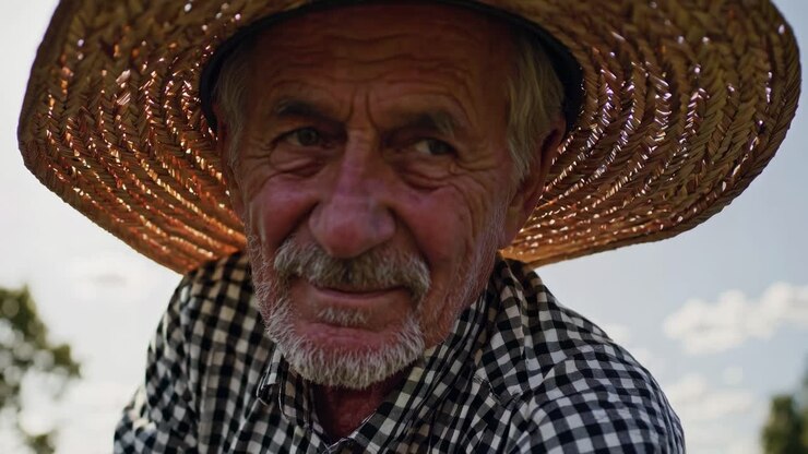 Low-angle video of a farmer in a straw hat tending soil in a garden, capturing the essence of rural