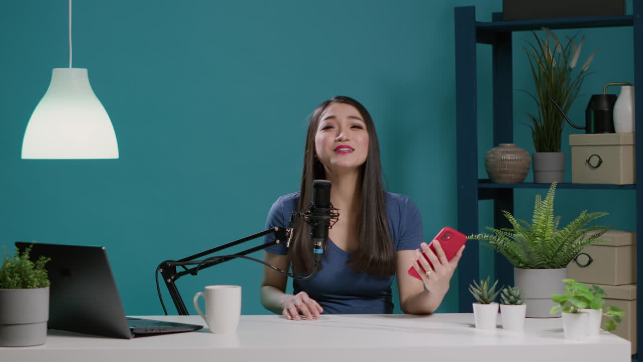 POV of lifestyle influencer recording vlog to read comments