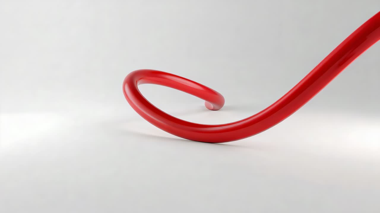 Loop releasing, glossy red tubular ribbon uncoiling into arch across white floor forming long curve
