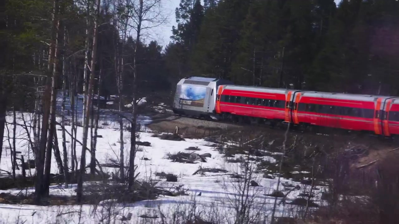 Treno passeggeri rosso attraversa un paesaggio forestale innevato sull'altopiano montano della Norvegia, Europa