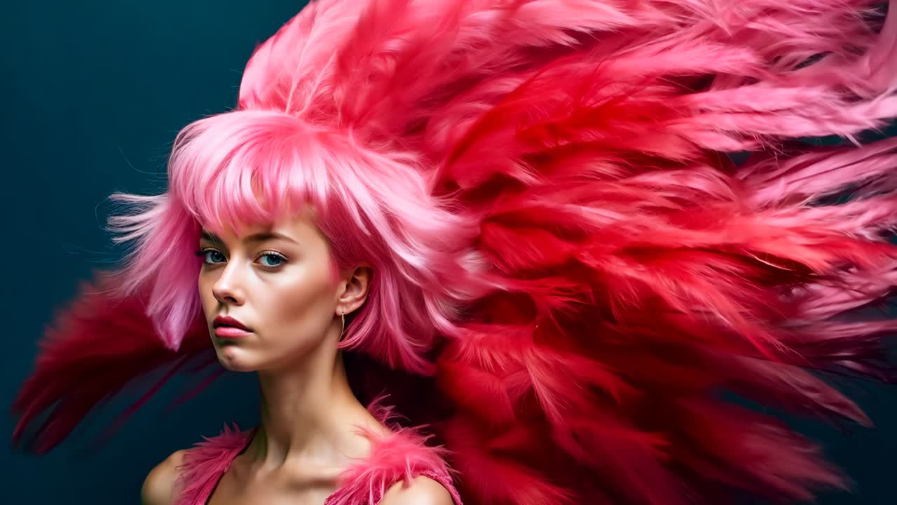 una mujer con cabello rosa y plumas rojas en la cabeza