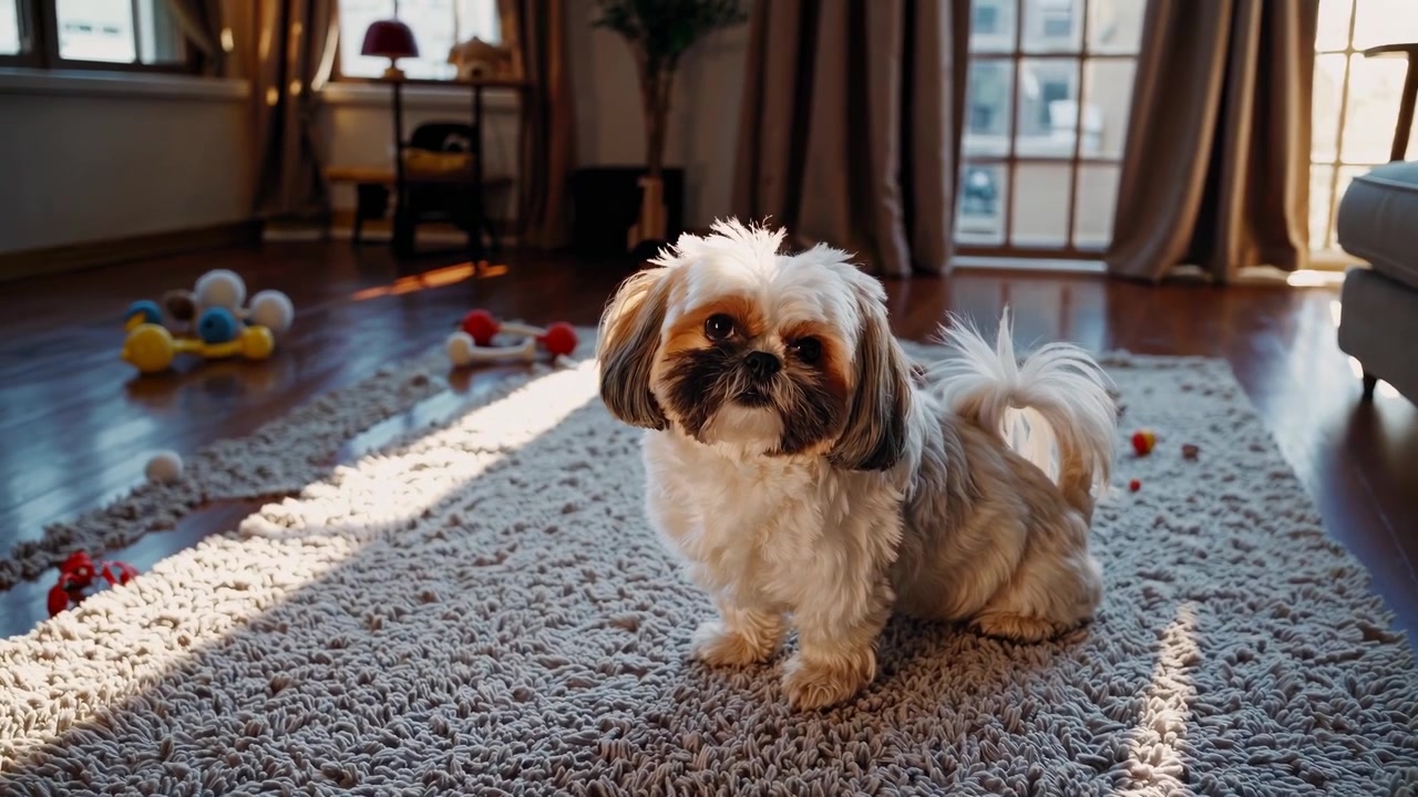 Sød Shih Tzu-hund sidder på tæppe i solrig stue