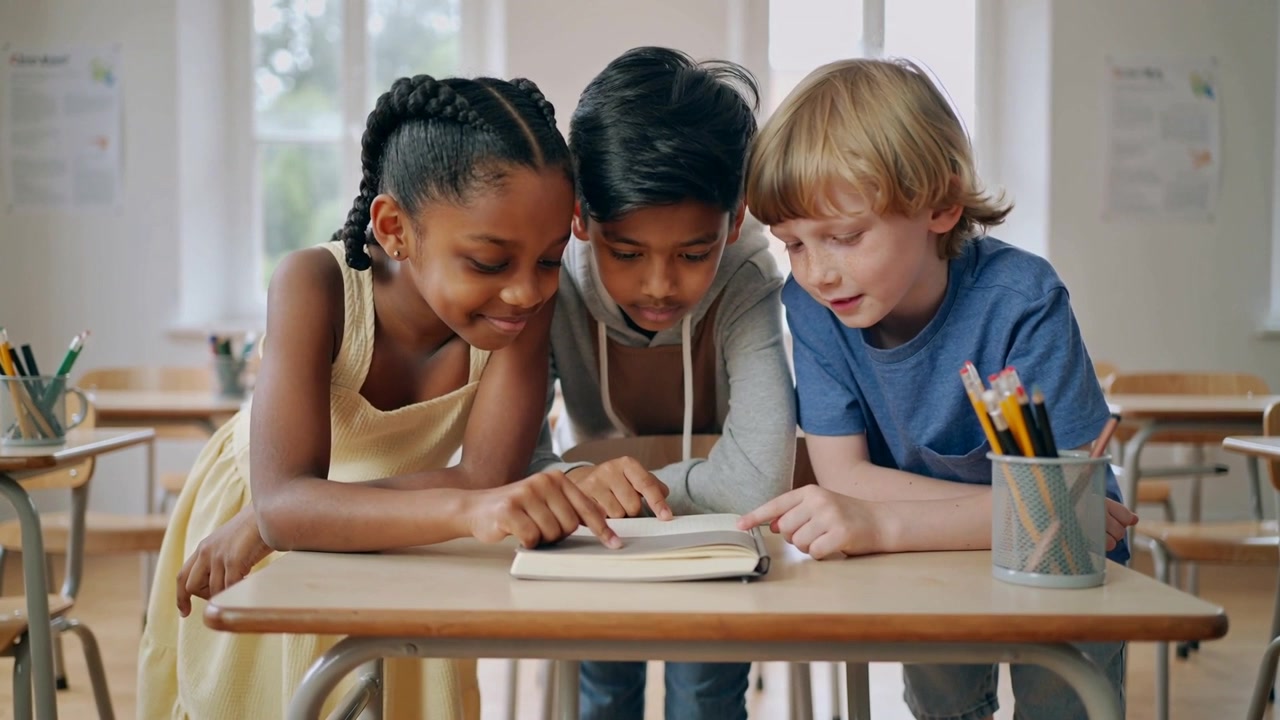 Pointing center child guiding two classmates reading together at classroom desk, with open book