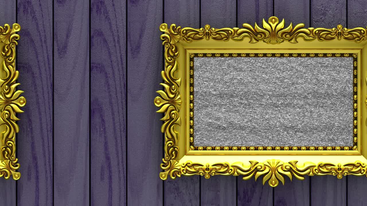 Camera moves along gold picture frames on purple wood background. Seamless looped 3d animation. Mockup with tv noise and green screen.