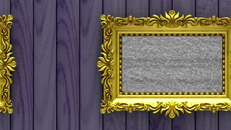 la cámara se mueve a lo largo de marcos de imágenes dorados en fondo de madera púrpura. animación 3d en bucle sin costuras. mockup con ruido de televisión y pantalla verde.