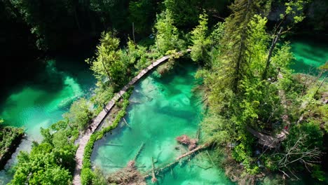 vista aérea del paseo marítimo de madera a través de los lagos y cascadas de plitvice en el parque nacional en croacia