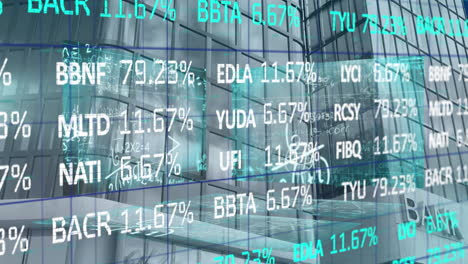 animation of financial data processing over modern bank building