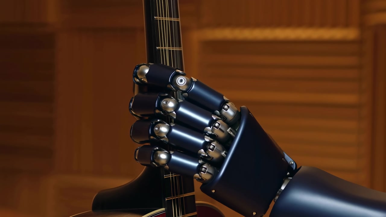 Koyu mavi mekanik parmaklar gitar klavyesi etrafında hafifçe hareket ederken, cilalı eklemler boyun etrafında sarılı kalır ve hafifçe bulanıklaştırılmış ahşap panellere karşı sıcak bir ışıkla vurgulanır