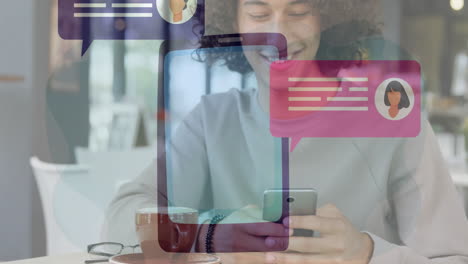 using smartphone, person with social media chat bubbles and animation overlay