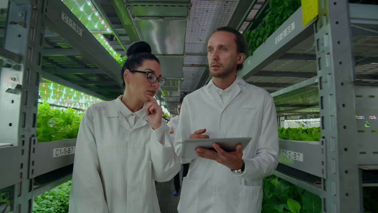 하 코트를 입은 사람들이 현대 농장을 돌아다니며 분석을 위해 통계를 수집하고 유전자 공학의 성공에 대해 논의하고 미래의 현대 농장의 개념을 논의합니다.