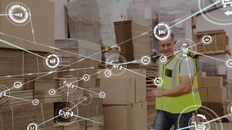 Animation-of-network-of-connections-over-caucasian-man-working-in-warehouse