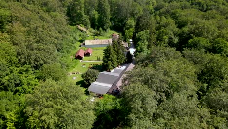 large house, out buildings in forest clearing near pilis, hungary
