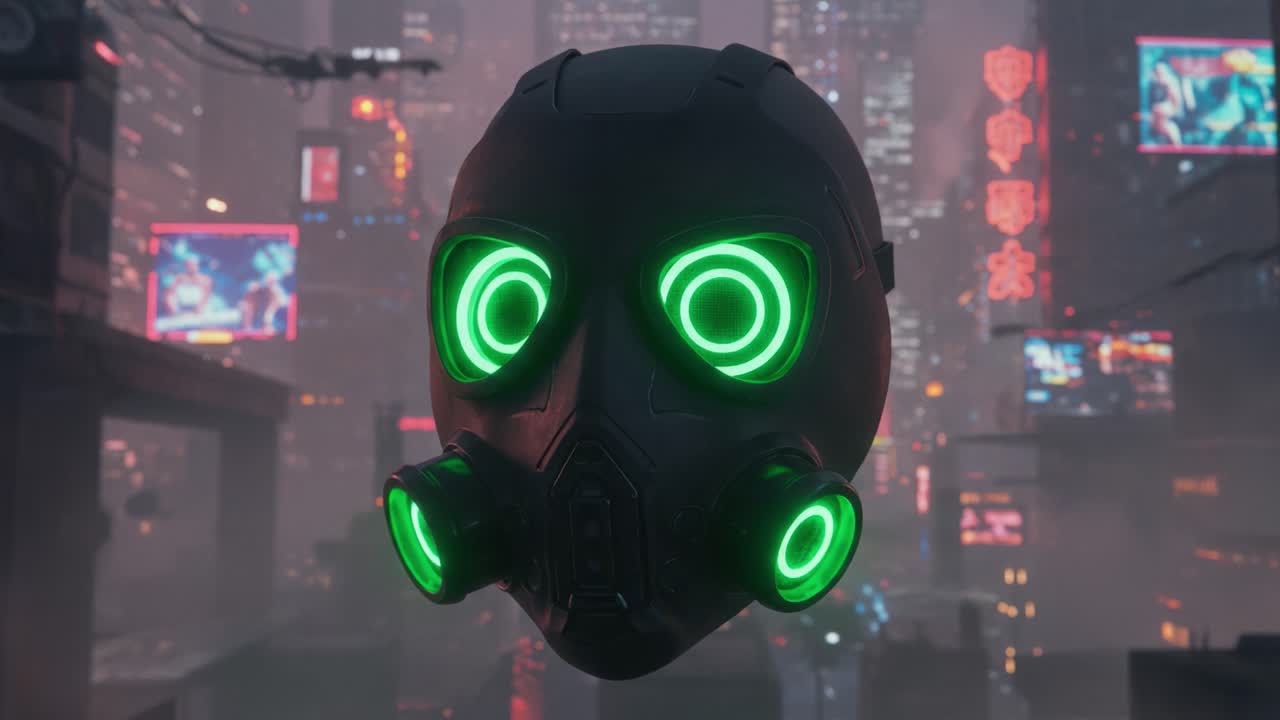 Futuristic Gas Mask Displaying Neon Green Lights in a Cyberpunk Cityscape Filled with Bright Screens and Fog, Emphasizing a Dystopian Atmosphere