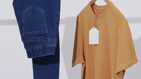 video of denim trousers and yellow t shirt on hanger and copy space on white background