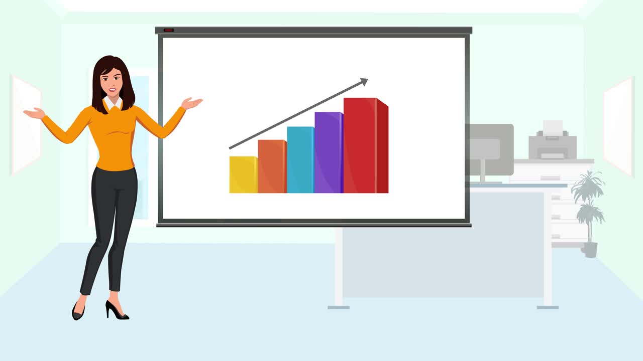 A Smart Casual Dressed Business Lady, Marketer, Trainer or Team Leader Infographic Animation Talking in an Official Workspace showing a Rising Graph on White Board