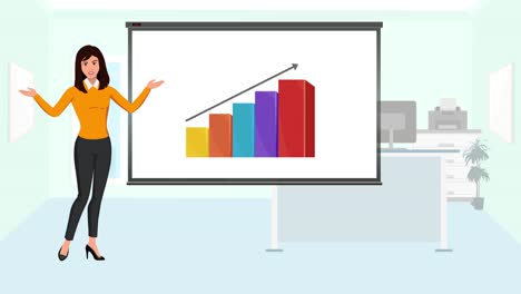 a smart casual dressed business lady, marketer, trainer or team leader infographic animation talking in an official workspace showing a rising graph on white board