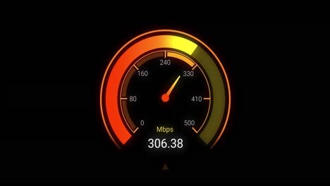Animation-of-orange-speedometer-over-black-background