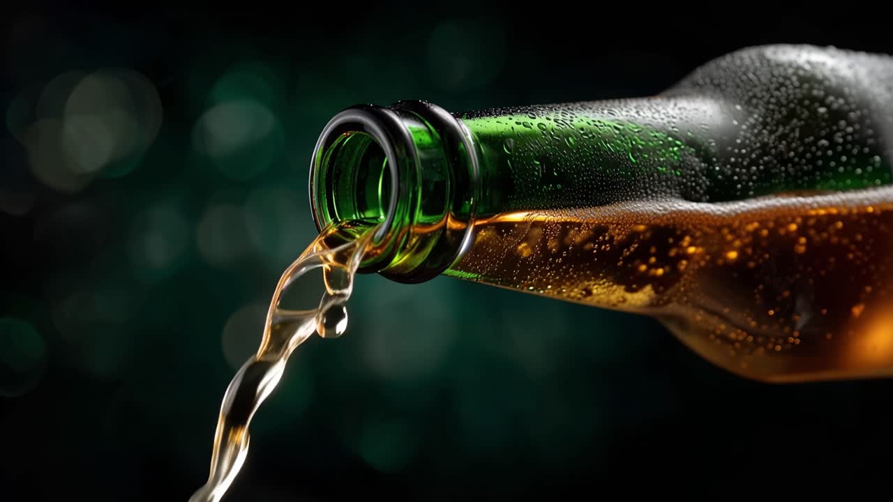 Close-Up of Cold Beer Pouring from Green Bottle