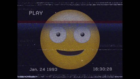 Digitale-Animation-Des-VHS-Glitch-Effekts-über-Albernem-Gesichts-Emoji-Vor-Schwarzem-Hintergrund