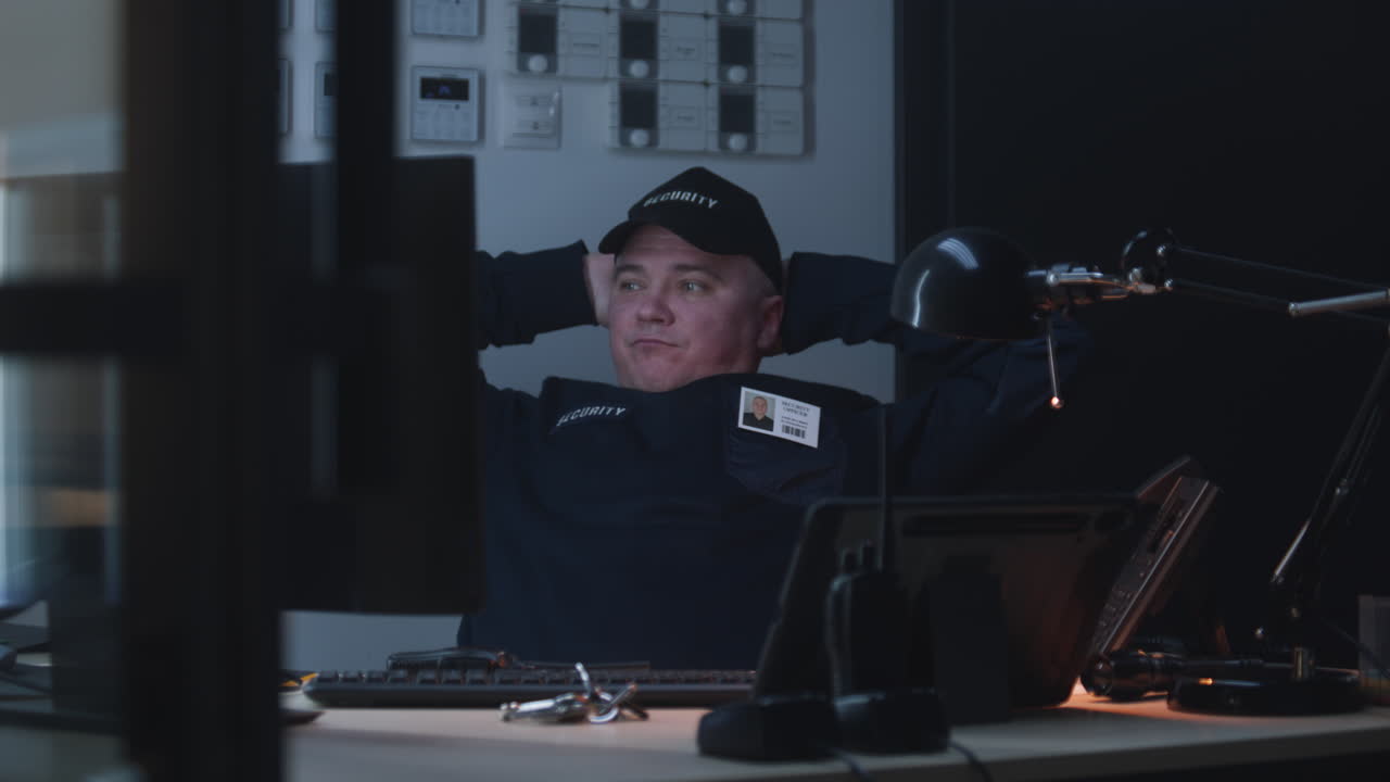 A security guard working at a desk, taking a break, and drinking from a mug