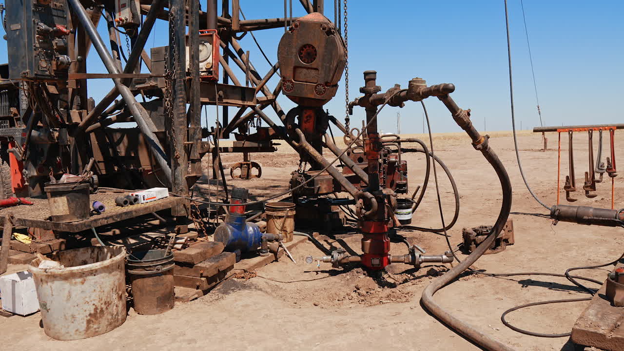 Equipment, materials and mechanisms for drilling the oil. Site for natural resources production in the desert.