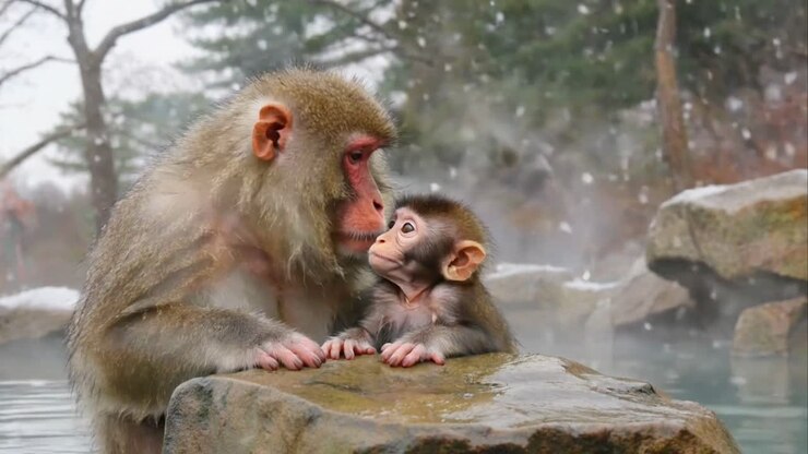 Madre e cucciolo di macaco delle nevi in una sorgente termale in inverno