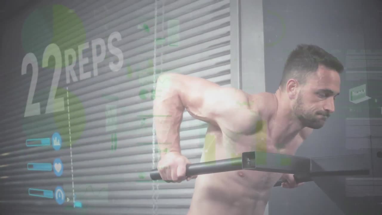 체육관 장비로 운동하는 강한 남자에 대한 데이터 처리 애니메이션