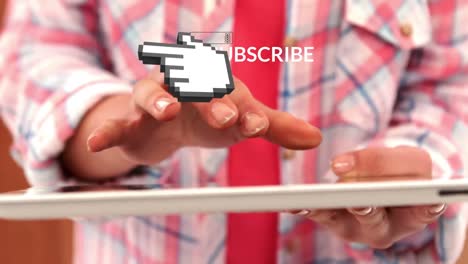 animation of subscribe and hand over hands of caucasian woman using tablet