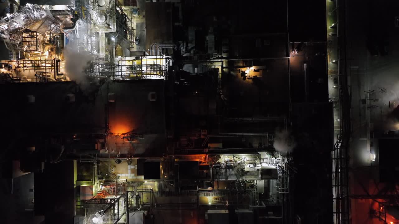 Straight-down nighttime drone view of a brightly lit industrial complex, revealing pipes, machinery, steam, and glowing work areas across a large operational plant