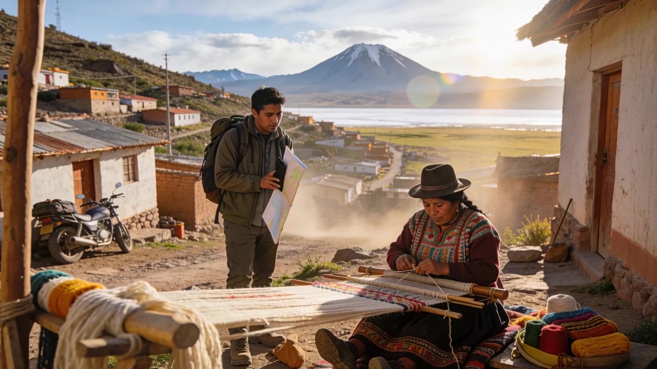 Weaving artisan in jacket and hat at loom, arriving traveler consulting map, orienting, copy space