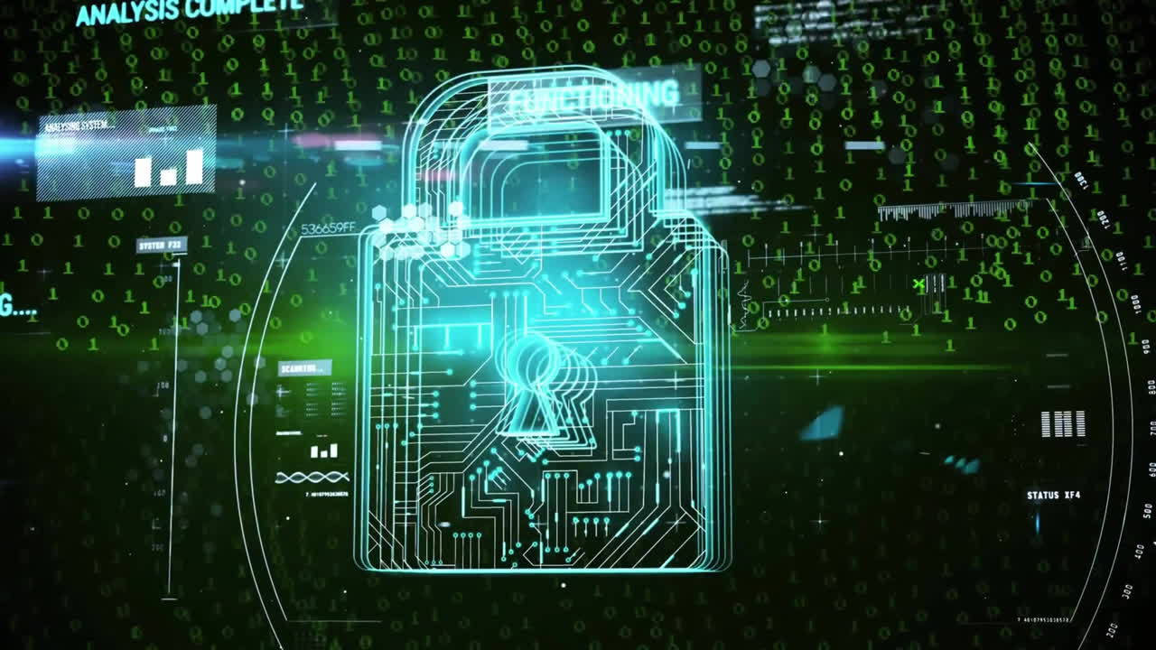 Animation of scanning analysis text, processing data and padlock security icon on interface screen