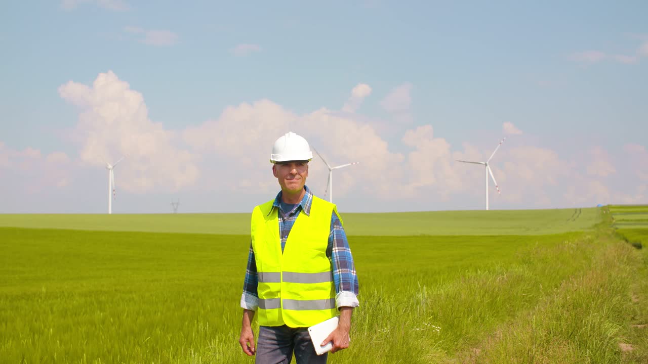 ingeniero que usa una tableta digital en una granja de turbinas eólicas