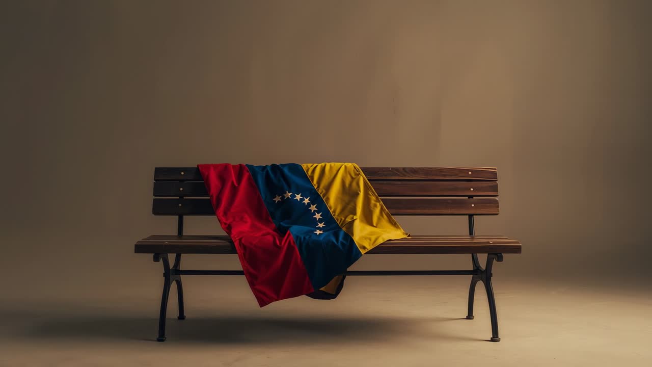 Cornici in avanzamento, panca e bandiera tricolore che si adagia e si sistema in modo rilassato sul pavimento beige dello studio per una natura morta.