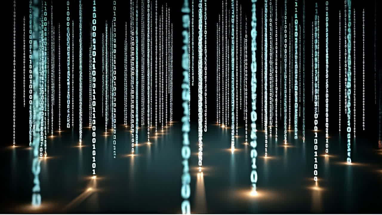 Digital rain falls in a virtual space. Binary codes fall like rain in a digital space, creating a scene of technology and data flow during the night