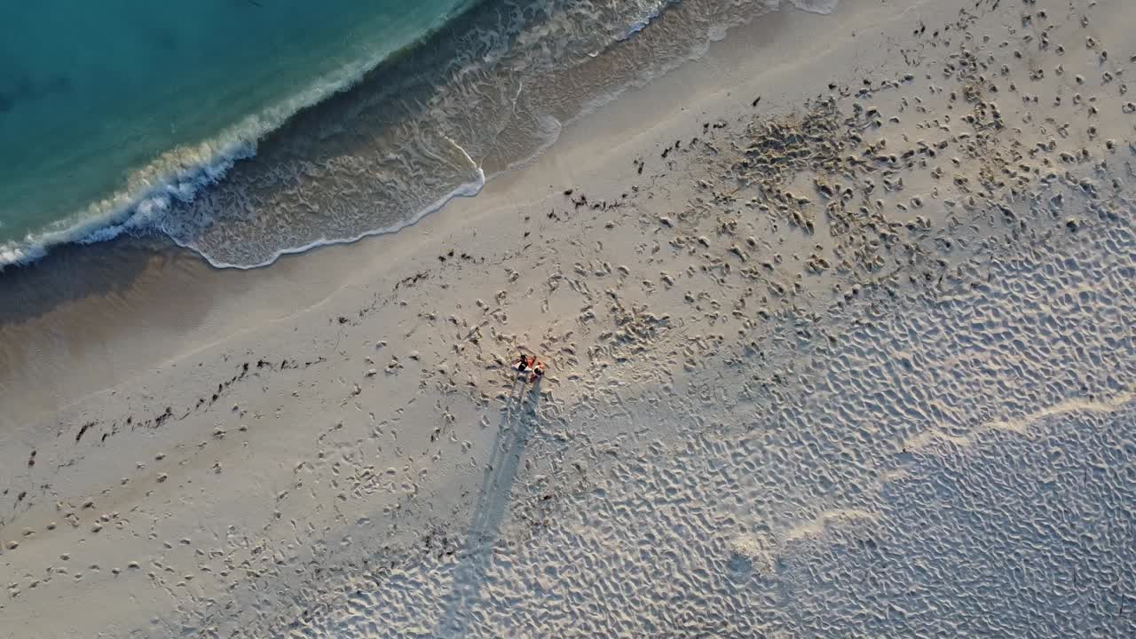 해변에 서 있는 커플의 조감도