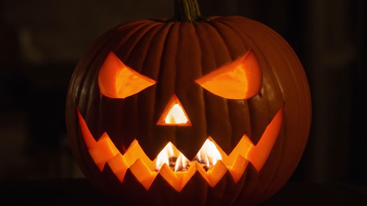 A Spooky Glimpse of a Jack-O'-Lantern Emitting Eerie Light with Sinister Expression, Perfect for Halloween Decor and Celebrations