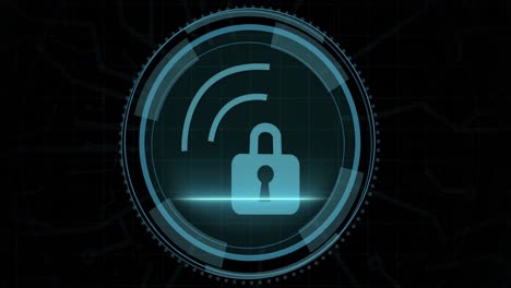 animación de un candado digital en círculo y seguridad cibernética en fondo negro