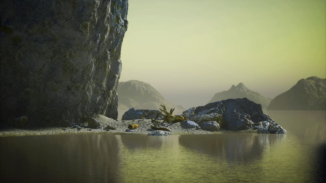 Serene coastal landscape with rocky shores and calm waters at sunset