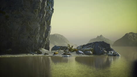 serene coastal landscape with rocky shores and calm waters at sunset