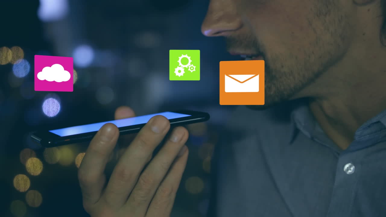 animación de iconos que caen sobre hombres caucásicos usando un teléfono inteligente
