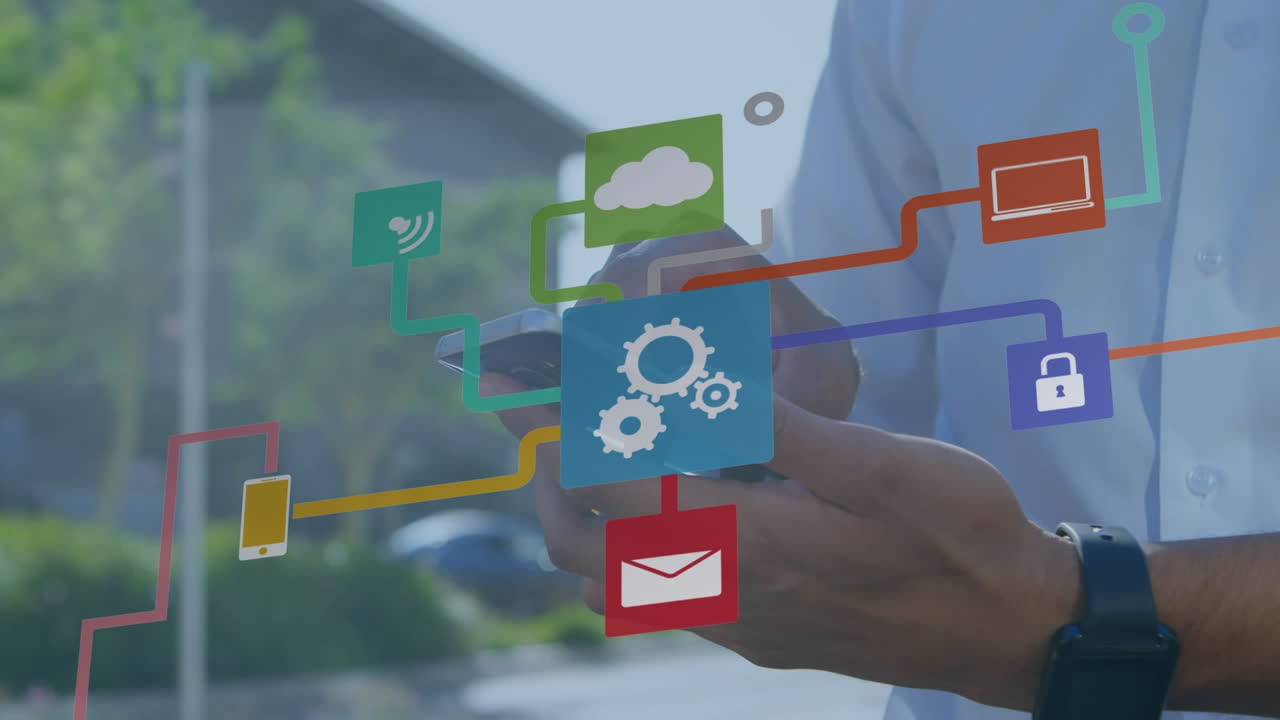 Animation of tech icons and connections over hands of biracial man using smartphone