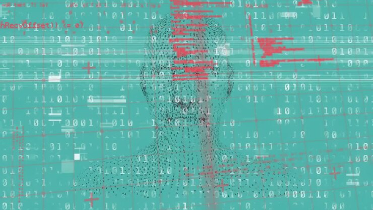 Animation af computersprog og glitchede binære koder mod blå baggrund