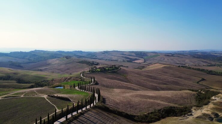 Perfetta vista aerea dall'alto, Toscana, viale di cipressi, vialetto rurale, Italia