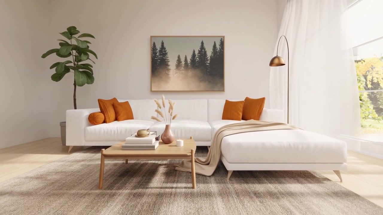 Útulný moderní obývací pokoj s bílou rohovou pohovkou a minimalistickým dekorem