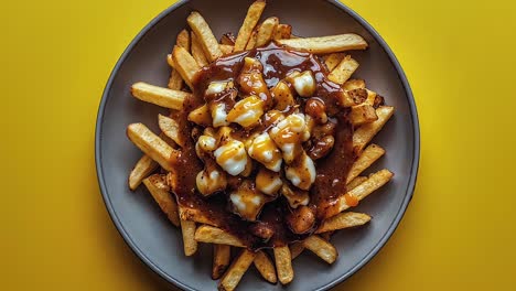 deliciosa poutine con papas fritas, cuajada de queso y salsa en el plato