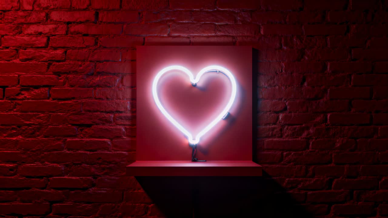 Controller che invia un segnale, cuore al neon che cambia dal ciano al rosa al rosso caldo, illuminandosi per un'atmosfera da caffè