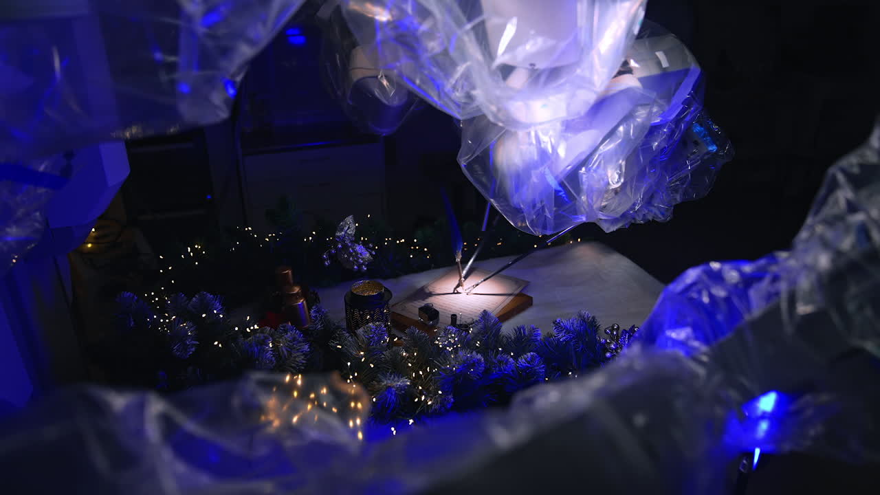 Surgical robotic arms coated with plastic perform writing on paper. Christmas decorations and garlands on surgical table. Dark surgical room backdrop.