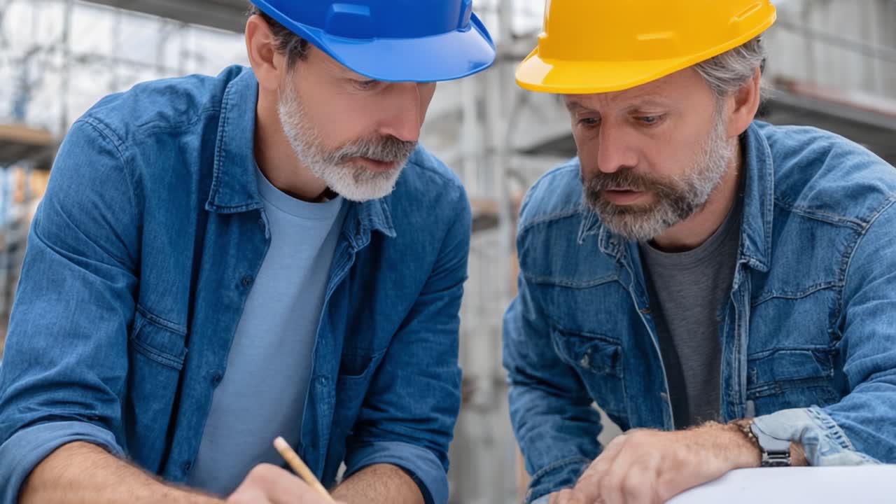 Two Experienced Construction Workers Collaborating on Project Plans with Focused Attention, Wearing Safety Helmets and Casual Attire in an Active Building Site Environment