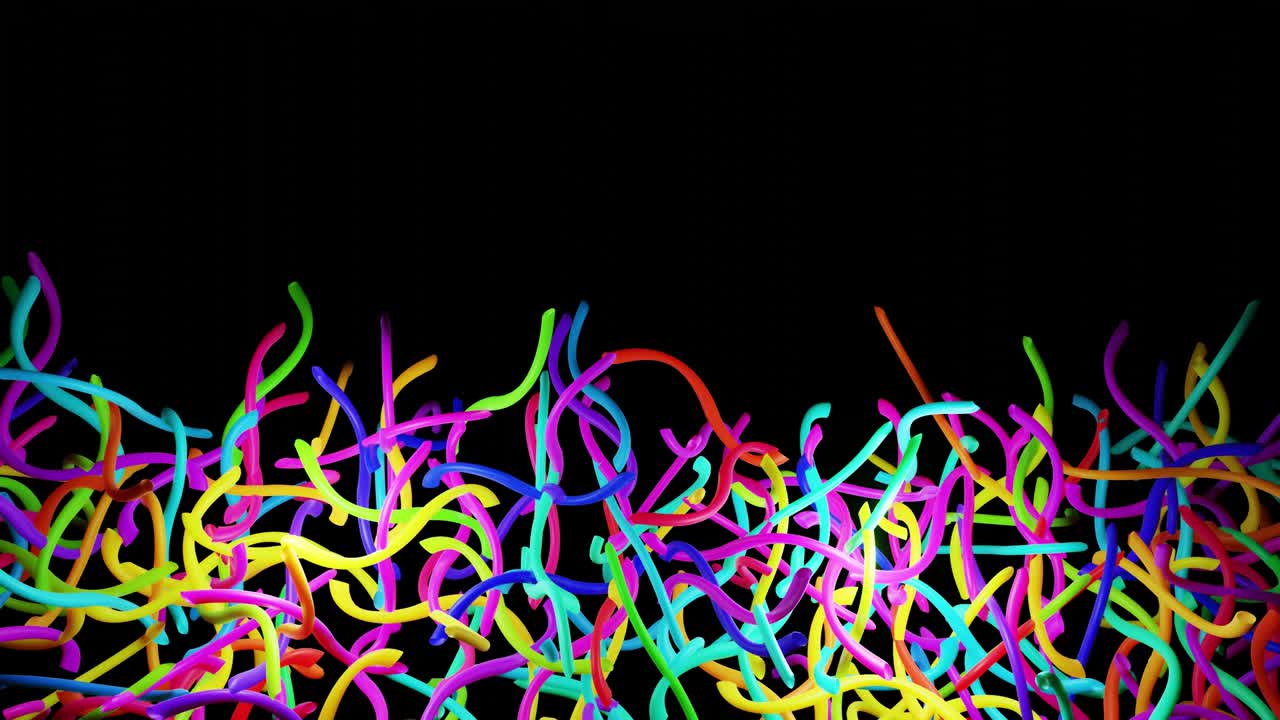 3d 추상적인 루프 배경: 네온 빛, 특이한 모양의 불빛 전구의 다채로운 플래시, 구부러진 선이 밝게 박이는, vj 루프 모션 디자인.