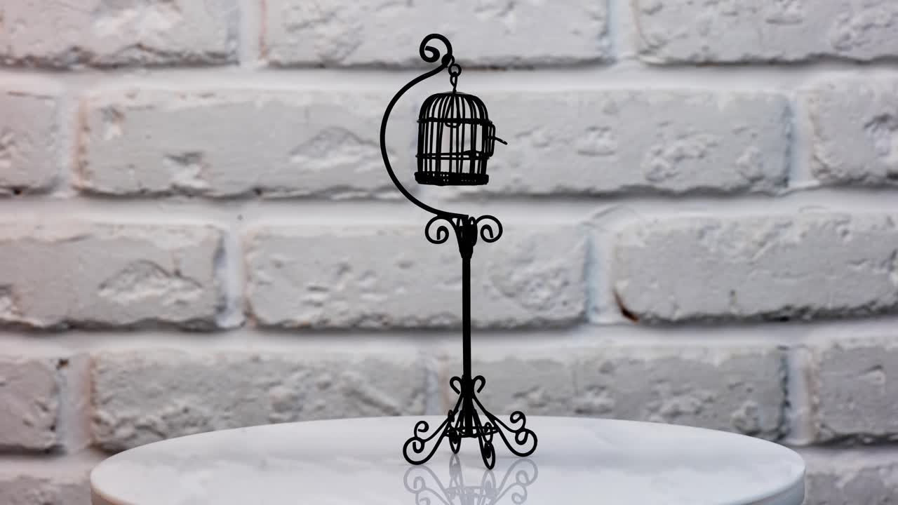 Small black cage for a canary at the rotating table. Fine toy bird cage for the decoration of doll's house. Close up.